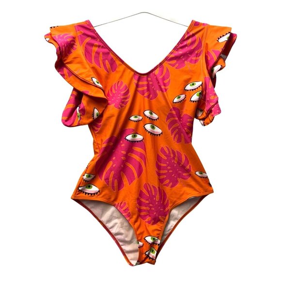 Orange & Pink Ruffled One-Piece Swimsuit With Eye & Leaf Print bathing suit XL - Picture 1 of 4